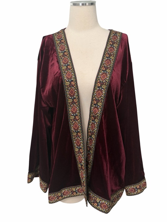 Rusttydustty Jackets & Blazers - Rusttydustty Boho Embroidered Trim Velvet Open-Front Kimono - Burgundy Sz S SML